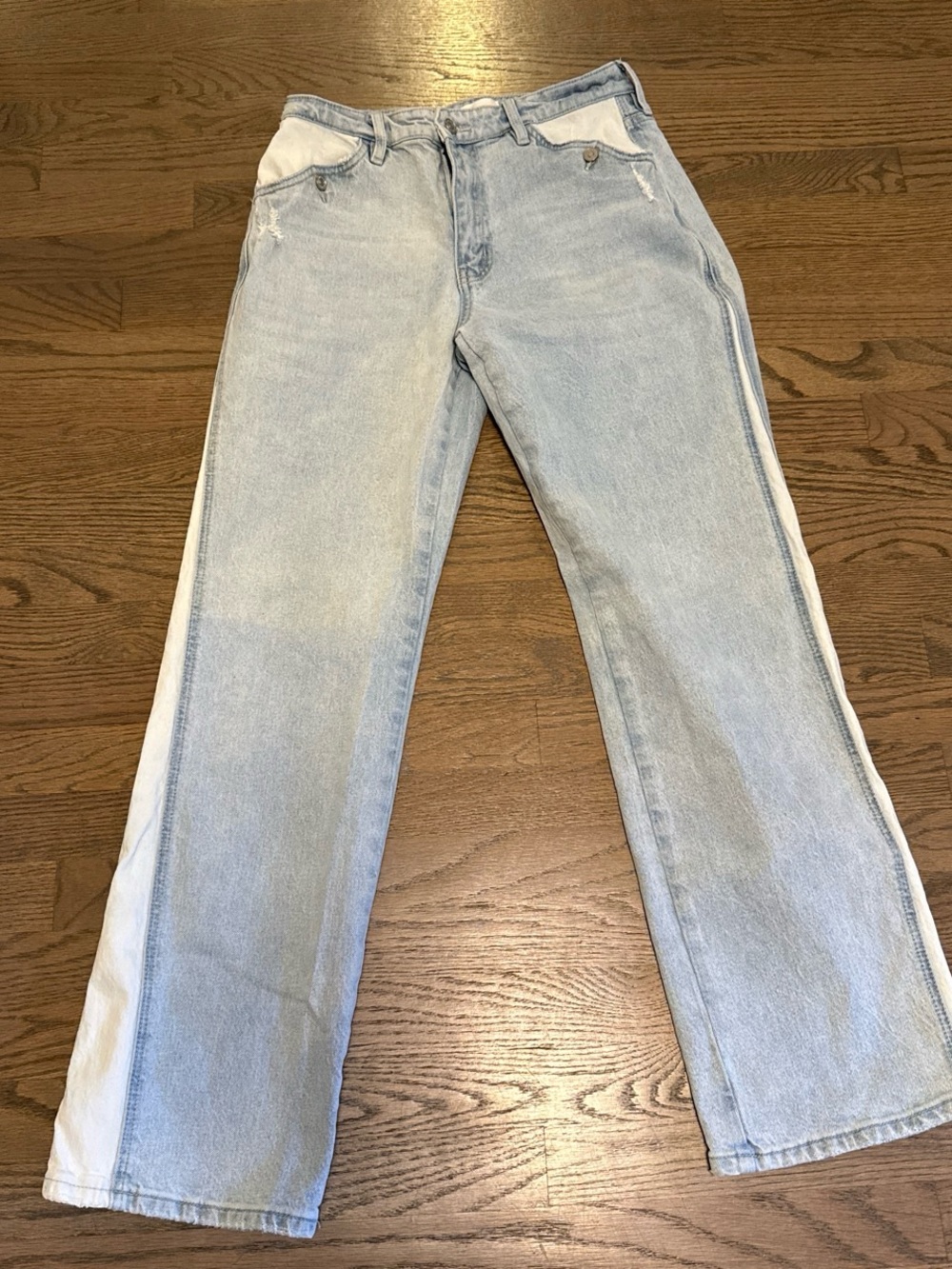 KanCan Light Blue Straight-Leg Jeans with White Side Panels, fraying details.